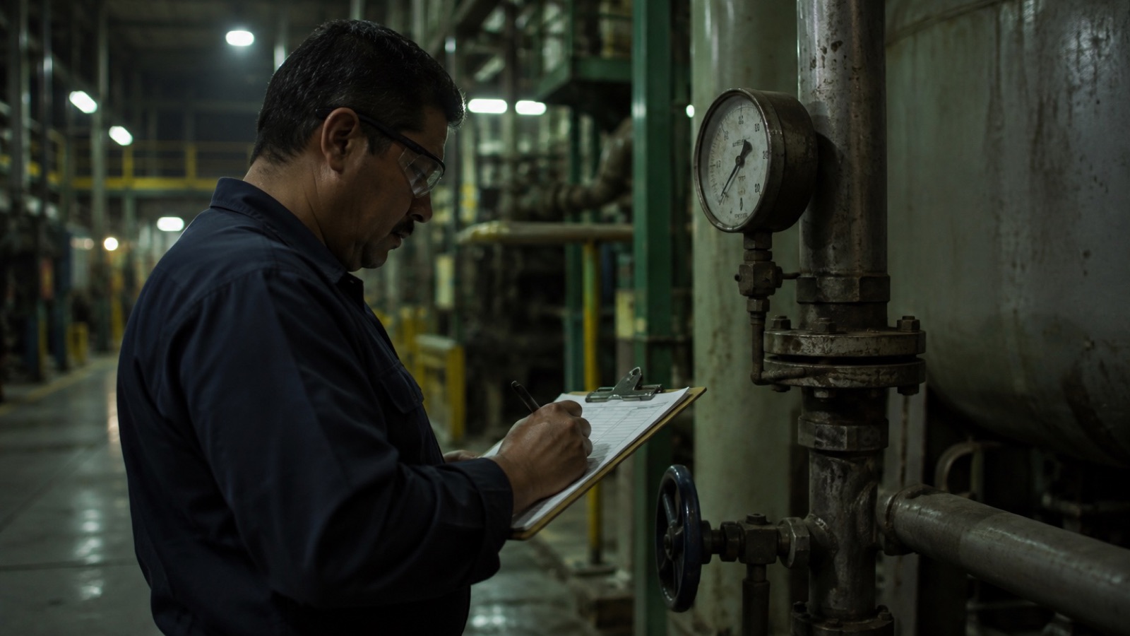 Un técnico anota la lectura de un manómetro en una tabla