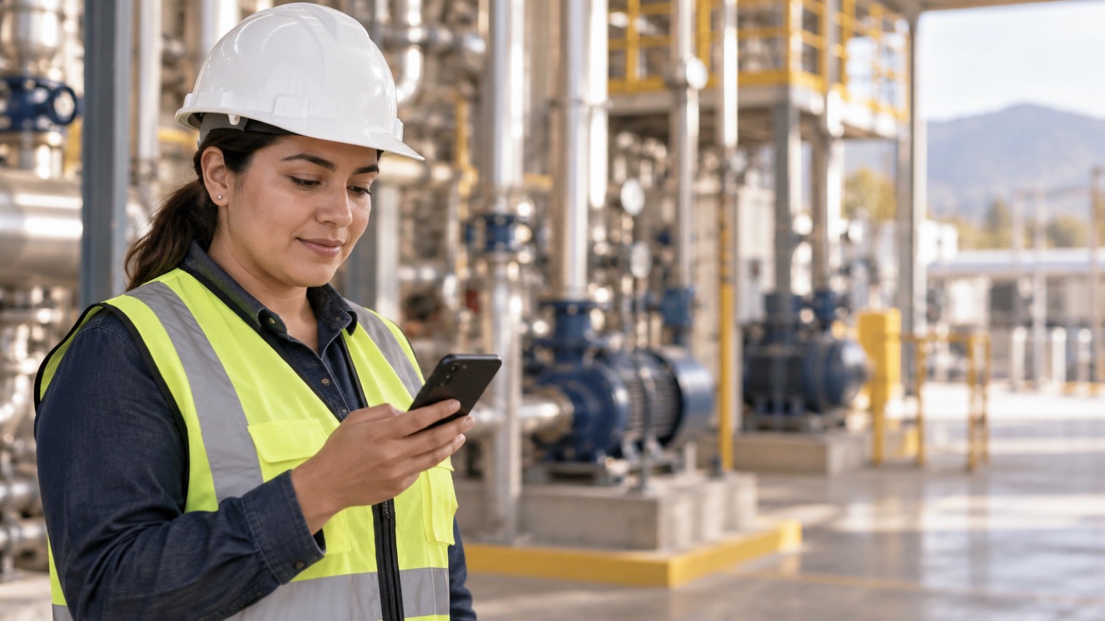 Una ingeniera revisa lecturas en su celular dentro de la planta